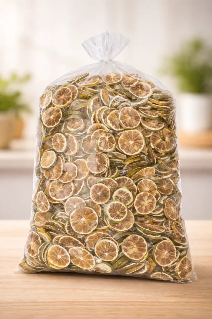 Getrocknete Zitronenscheiben in transparenter Verpackung auf hellem Holzuntergrund – natürlich getrocknet, gleichmäßige Scheiben, hochwertige Produktqualität