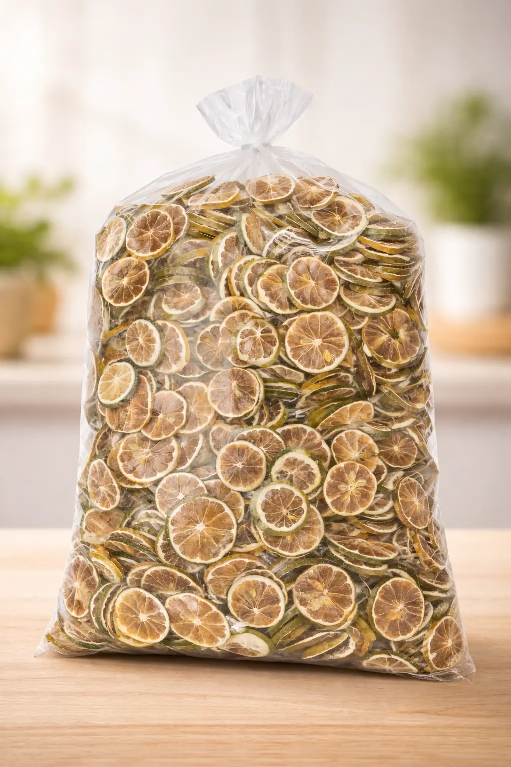 Getrocknete Zitronenscheiben in transparenter Verpackung auf hellem Holzuntergrund – natürlich getrocknet, gleichmäßige Scheiben, hochwertige Produktqualität