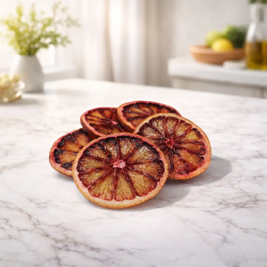 Getrocknete Blutorangenscheiben (Orange sanguine déshydratée) in Premium-Qualität auf weißem Hintergrund