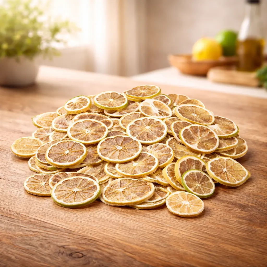 Getrocknete Zitronen- und Limettenscheiben (Citron vert déshydraté) in Premium-Qualität auf schwarzem Hintergrund