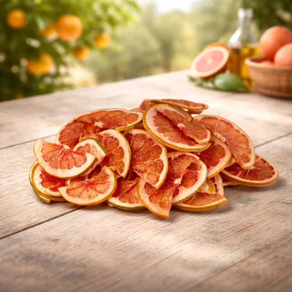 Getrocknete Grapefruitscheiben (Pamplemousse déshydraté) in Premium-Qualität auf weißem Hintergrund