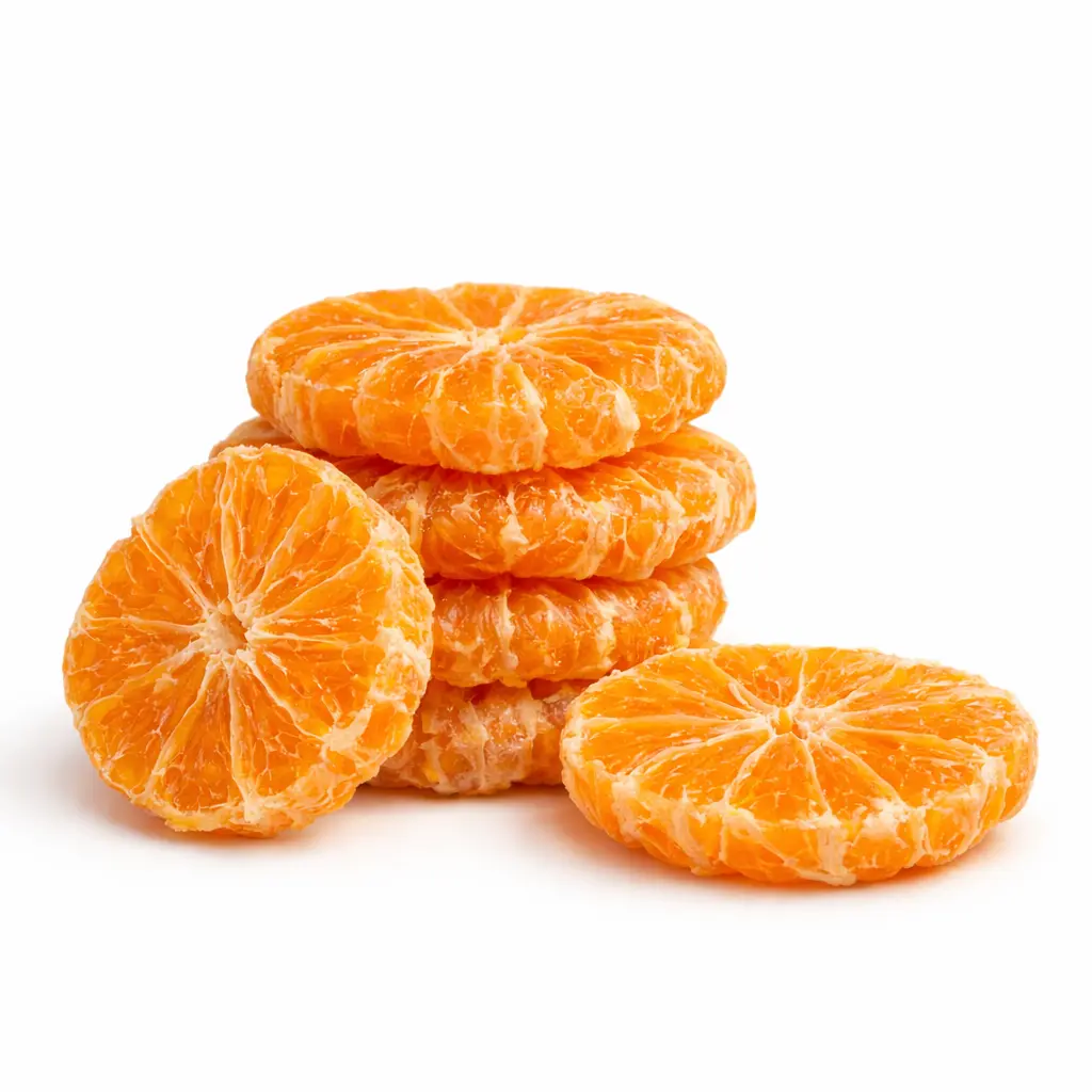 Geschälte getrocknete Orangenscheiben ohne Schale auf weißem Hintergrund mit natürlicher Fruchtstruktur und feiner Dehydrierungsstruktur