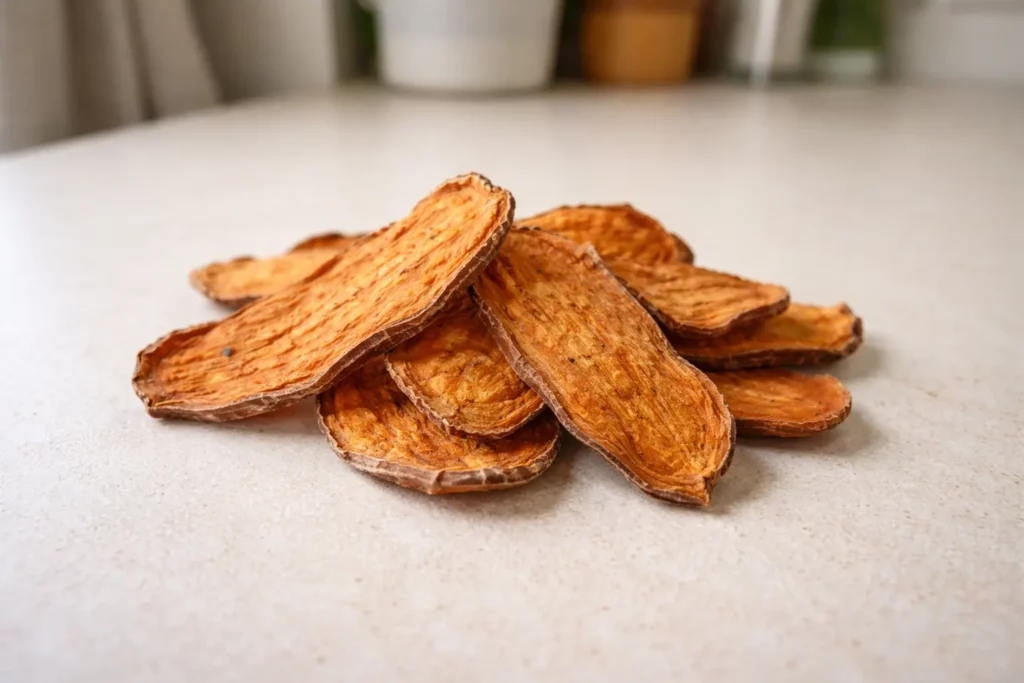 Nahaufnahme von getrockneten Süßkartoffelscheiben mit sichtbarer Faserstruktur und natürlich gewellten Rändern vor beigem Studiohintergrund.