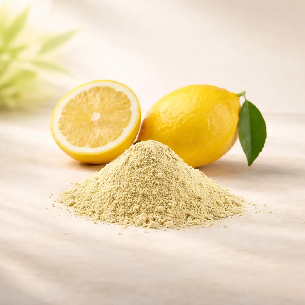 Dried lemon slices powder with fresh whole and halved lemon on clean white background, high-resolution commercial food photography