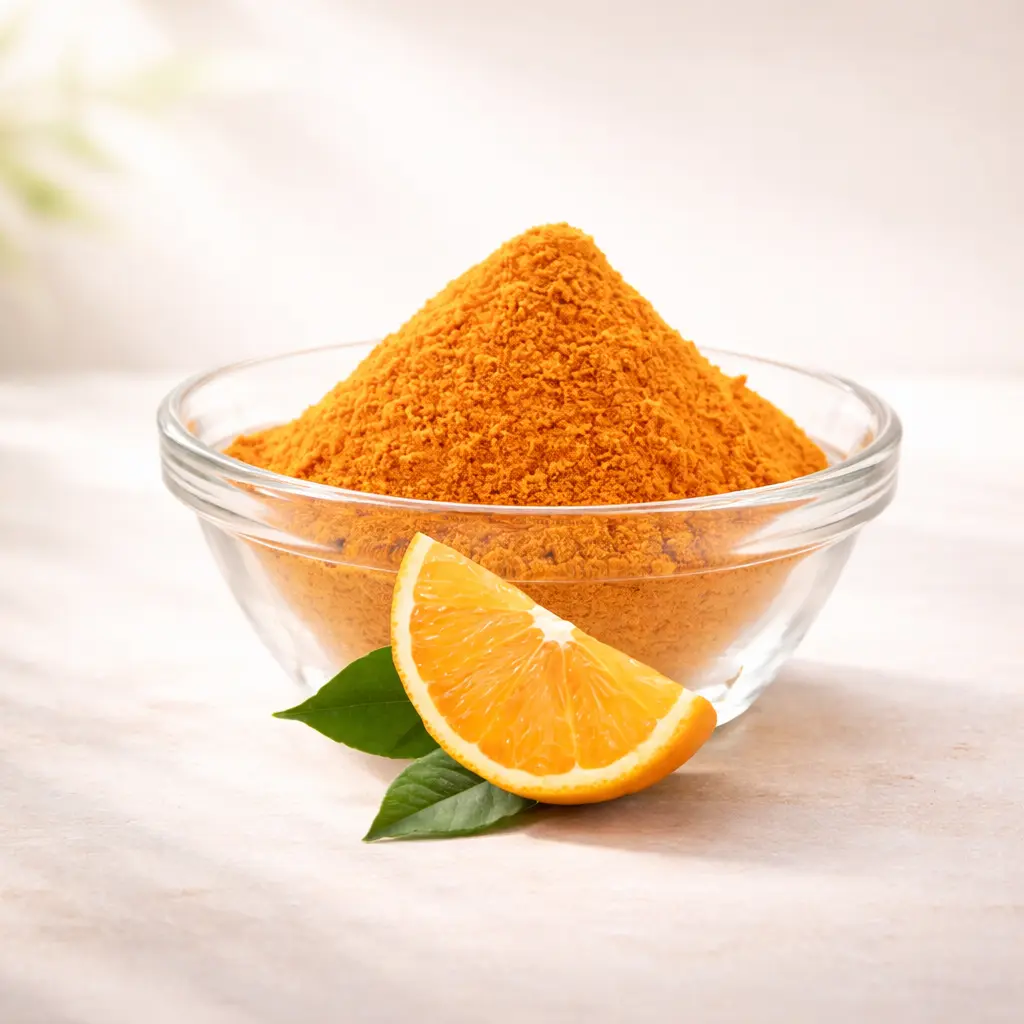 Orange powder in clear glass bowl with fresh orange slice and green leaves on pure white background, high-resolution commercial food photography
