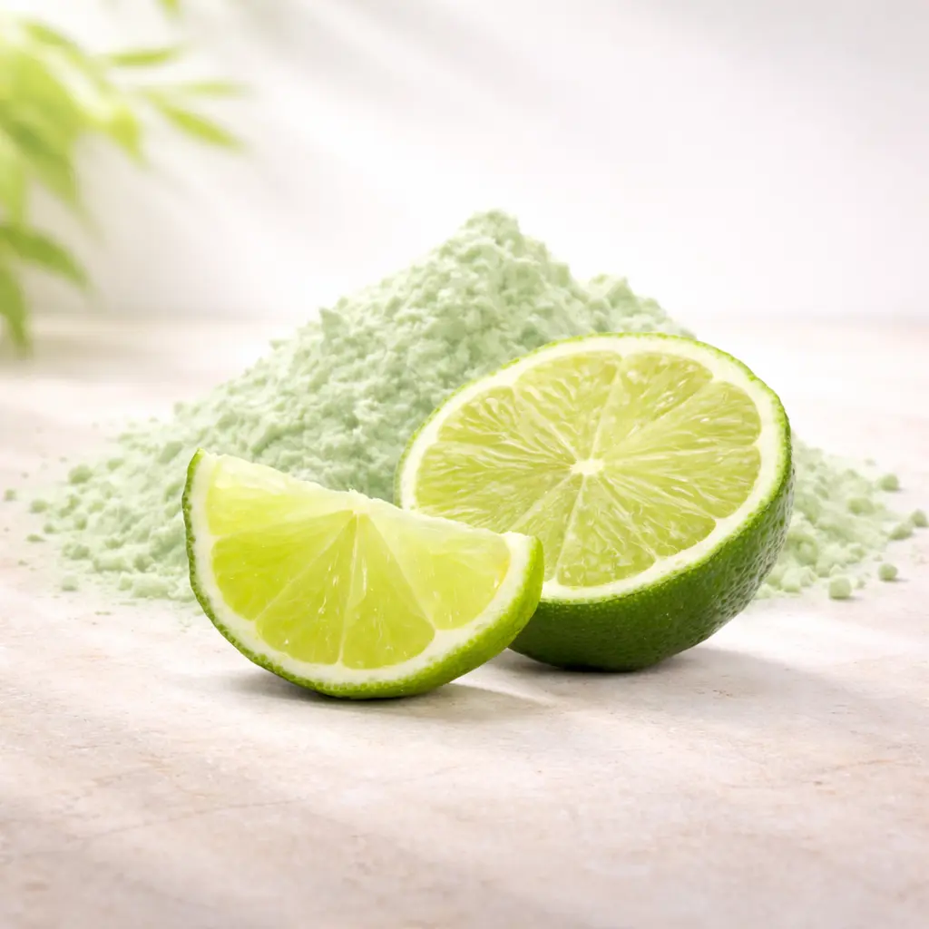 Lime powder with fresh lime halves on pure white background, high-resolution commercial food photography