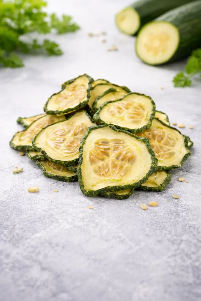 Getrocknete Gurkenscheiben mit grüner Schale auf moderner heller Oberfläche, hochwertige B2B-Produktdarstellung