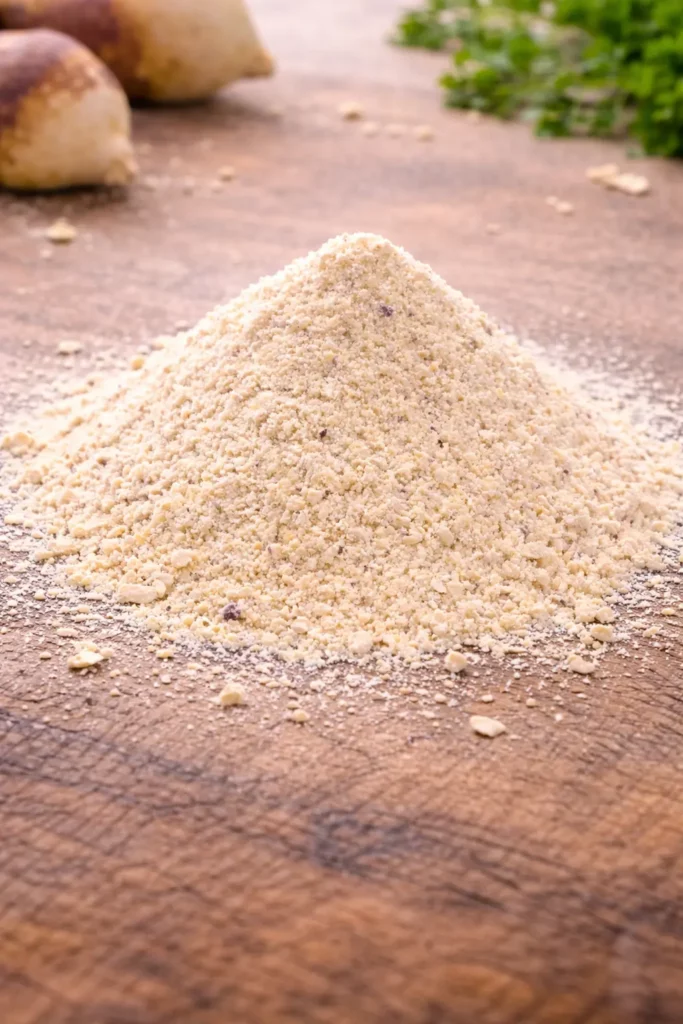 Getrocknetes Pastinakenpulver (Panais séché en poudre) in feiner Mahlung auf natürlichem Holzuntergrund, professionelle B2B-Produktdarstellung