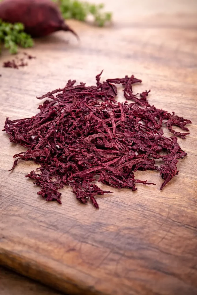 Betterave râpée séchée de couleur rouge foncé sur fond blanc, texture fibreuse naturelle, présentation produit professionnelle B2B