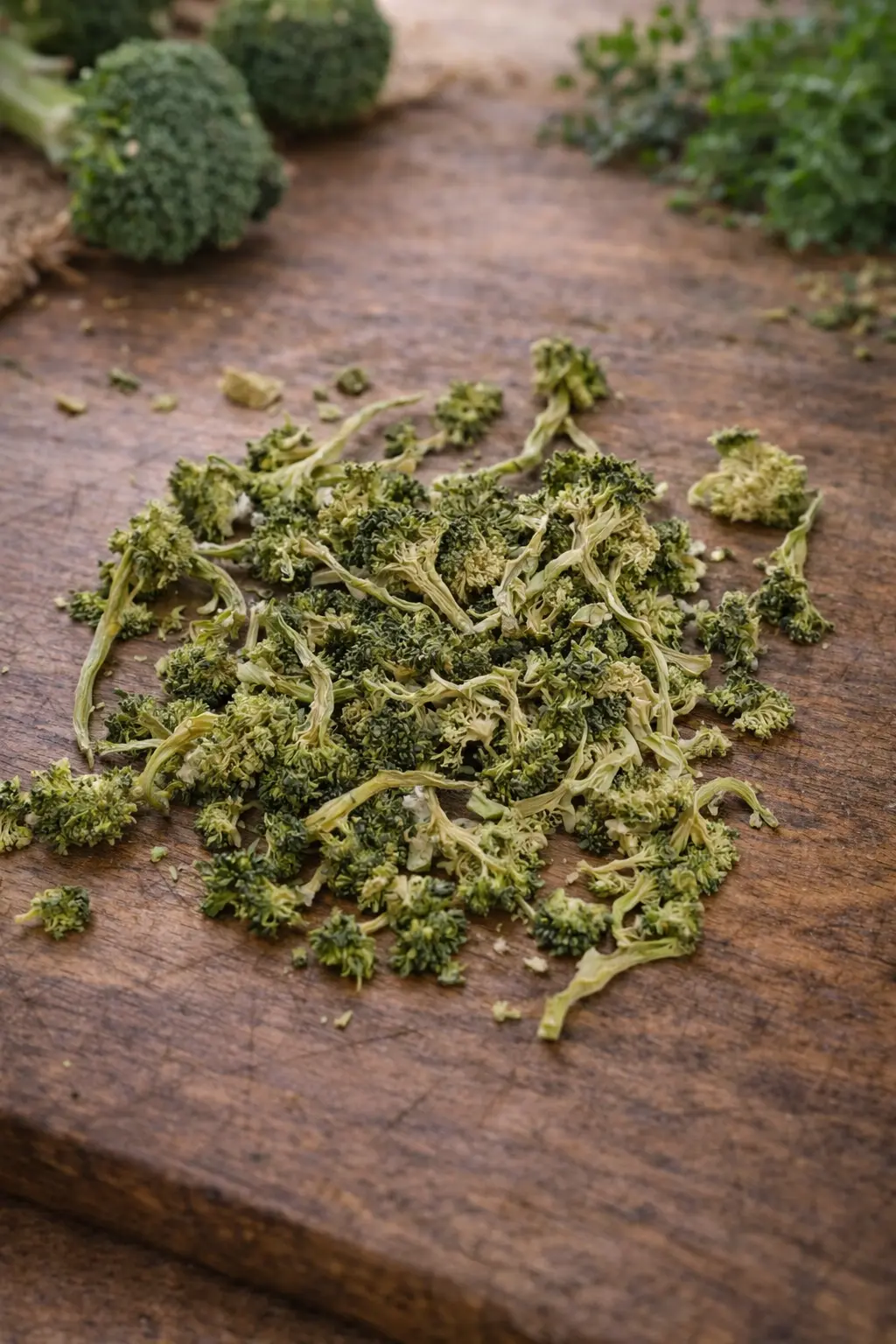 Brocoli déshydraté en fleurettes sur fond naturel en bois, couleur verte préservée, présentation produit professionnelle pour clients B2B
