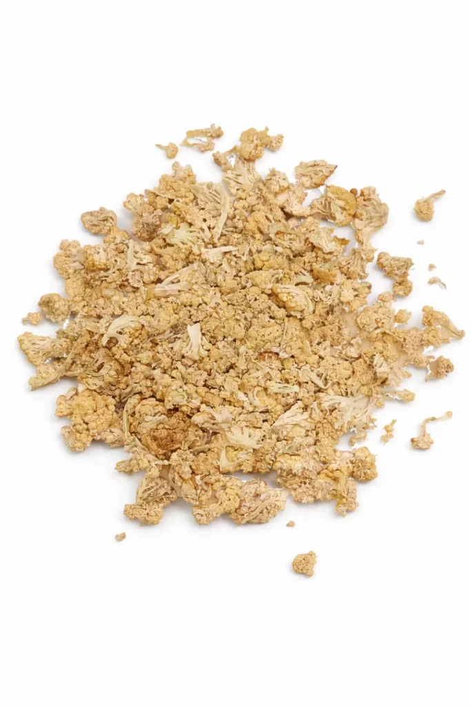 Chou-fleur déshydraté en fleurettes sur fond blanc moderne, texture naturelle et couleur beige préservée, présentation produit B2B