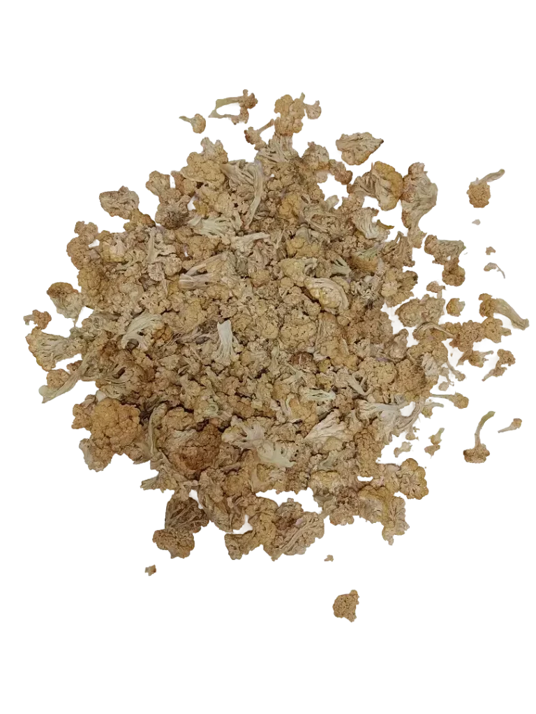 Getrockneter Blumenkohl in grober Granulat- und Flockenstruktur auf moderner Edelstahloberfläche, professionelle B2B-Produktdarstellung