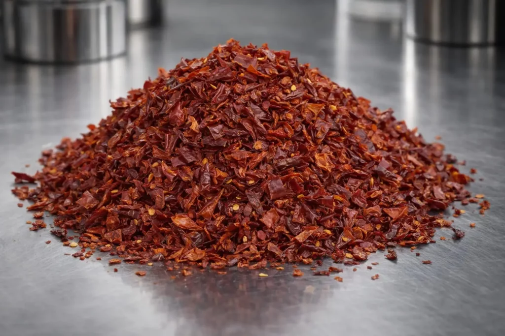Getrockneter roter Paprika in grober Flockenstruktur auf Edelstahloberfläche, professionelle B2B-Produktdarstellung